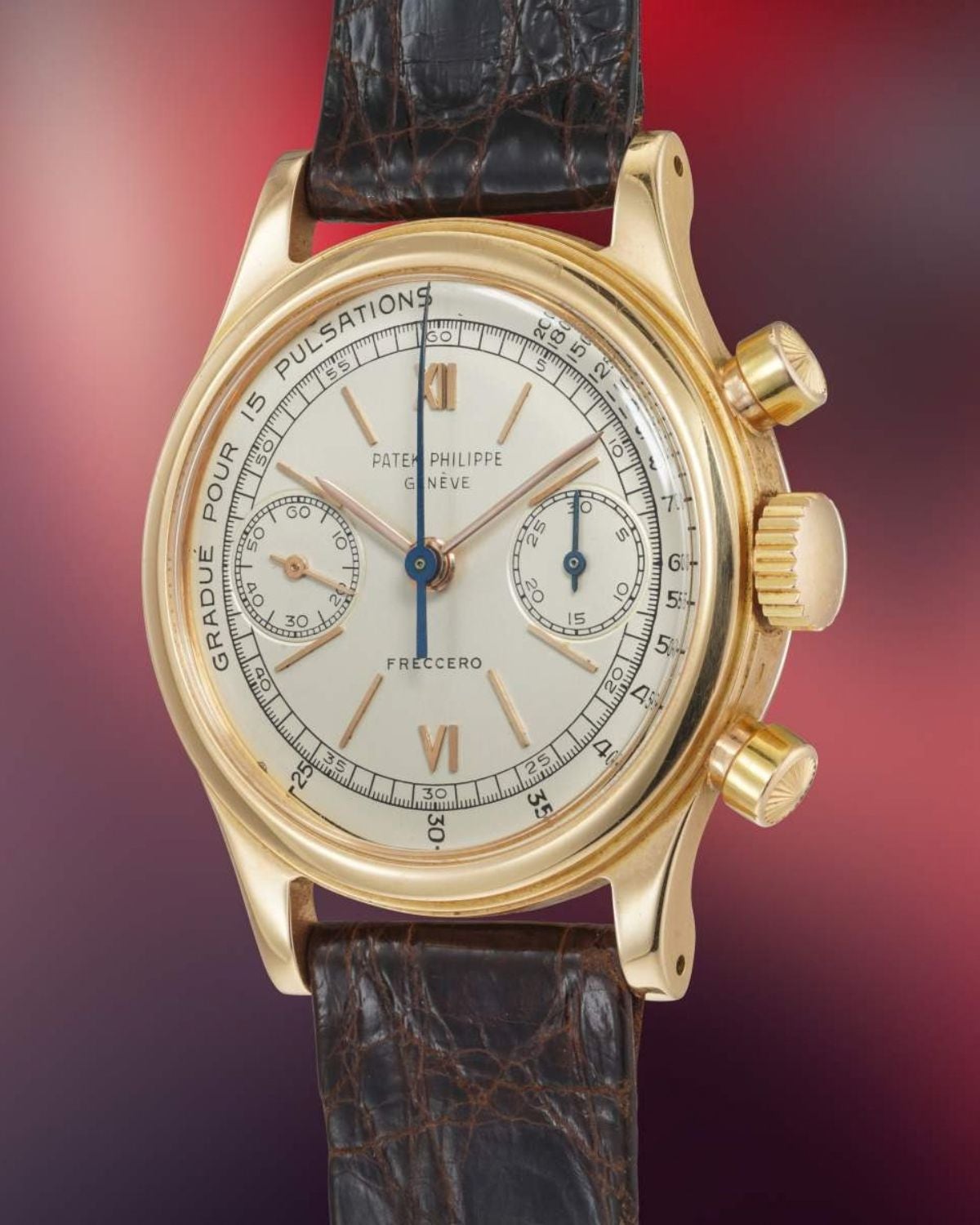 Lot 196: A 1954 Patek Philippe chronograph Ref. 1463 in 18k pink gold with a pulsometer scale, retailed by Freccero, included in The Geneva Watch Auction XXIV. Estimate: CHF 200,000–400,000