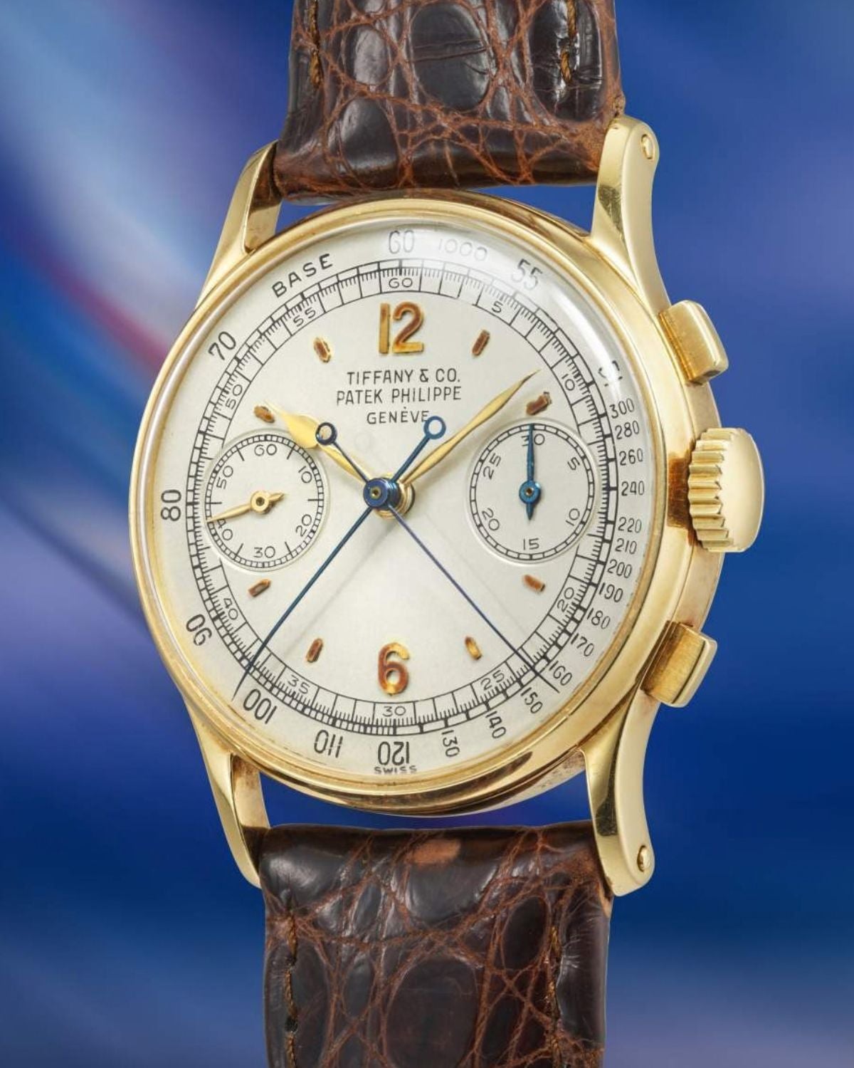 Lot 195: A 1959 Patek Philippe split-seconds chronograph Ref. 1436 in 18k yellow gold, retailed by Tiffany & Co., included in The Geneva Watch Auction XXIV. Estimate: CHF 400,000–800,000 