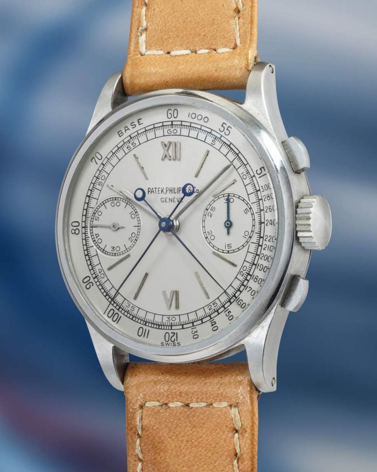Lot 95: A 1945 Patek Philippe split-seconds chronograph Ref. 1436 in stainless steel, included in The Geneva Watch Auction XXIV. Estimate: CHF 2,000,000–4,000,000