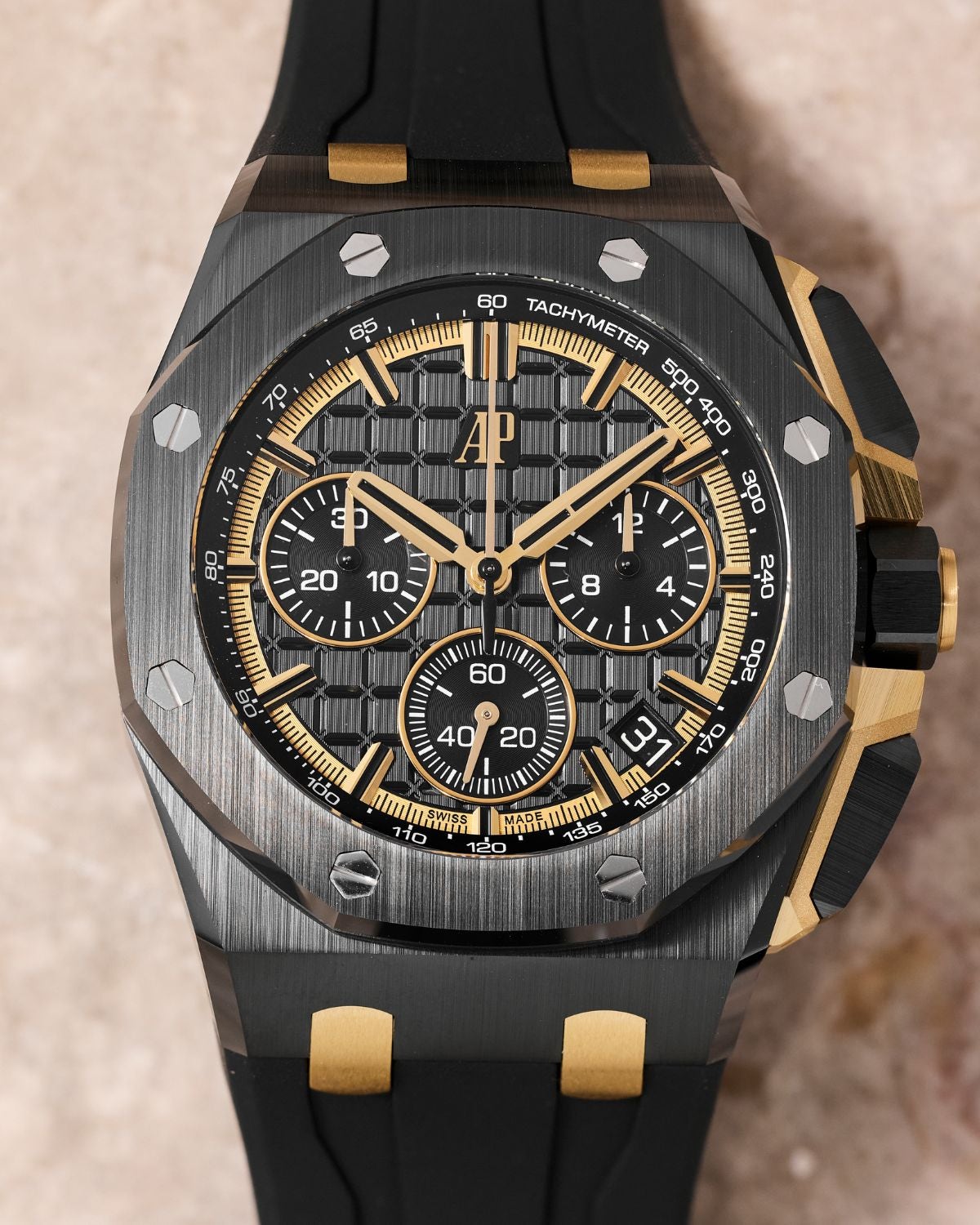 Lot 6: A circa 2022 Audemars Piguet Royal Oak Offshore Ref. 26420CE.00.A127CR.01 in 18k yellow gold and black ceramic, included in the Phillips New York Sessions, Fall 2026. Estimate: USD $26,000–52,000