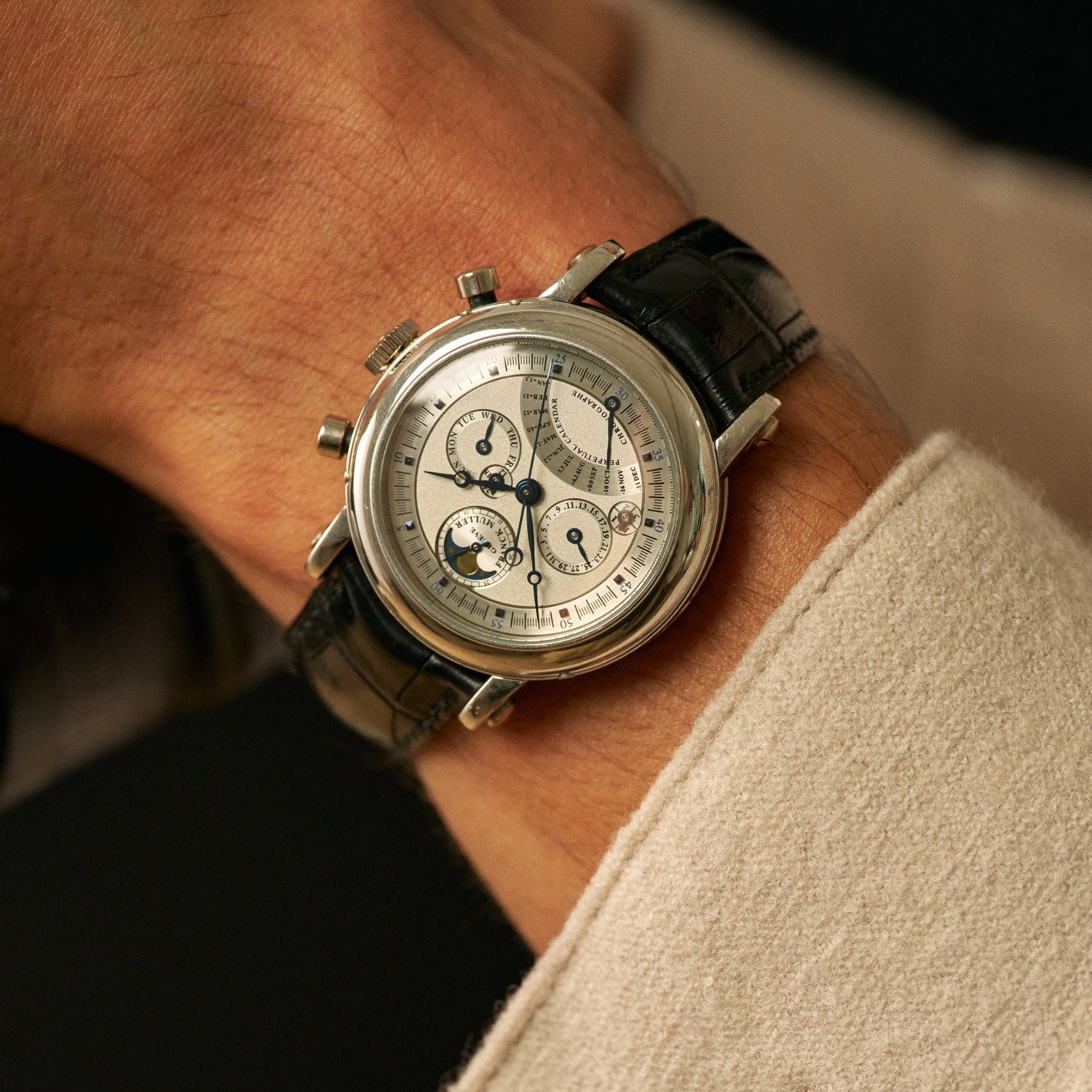 Lot 7: A 1996 Franck Muller Perpetual Calendar Retrograde Chronograph Ref. 7000 QPE in platinum, included in the Phillips New York Sessions, Fall 2026. Estimate: USD $8,000–16,000