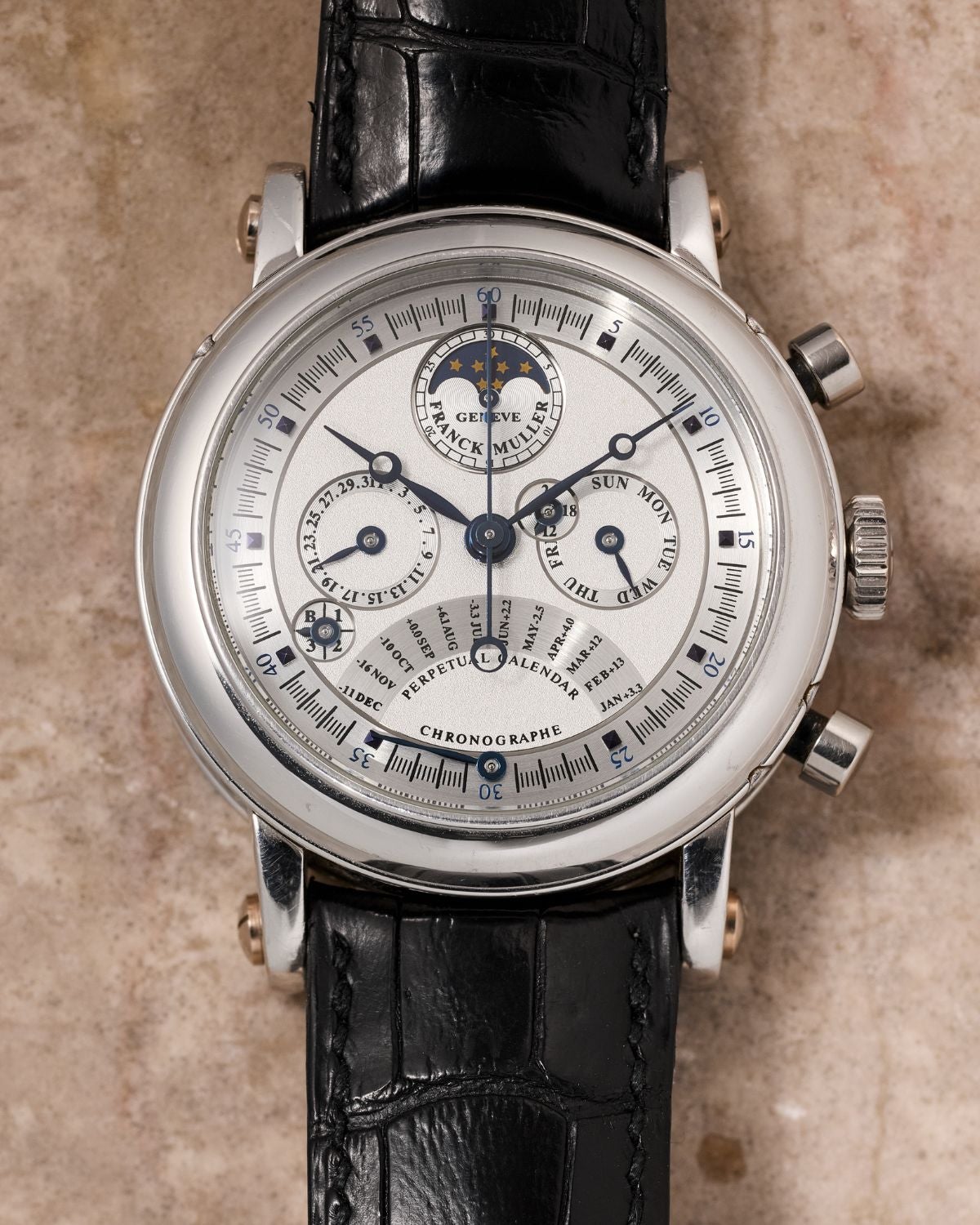 Lot 7: A 1996 Franck Muller Perpetual Calendar Retrograde Chronograph Ref. 7000 QPE in platinum, included in the Phillips New York Sessions, Fall 2026. Estimate: USD $8,000–16,000 