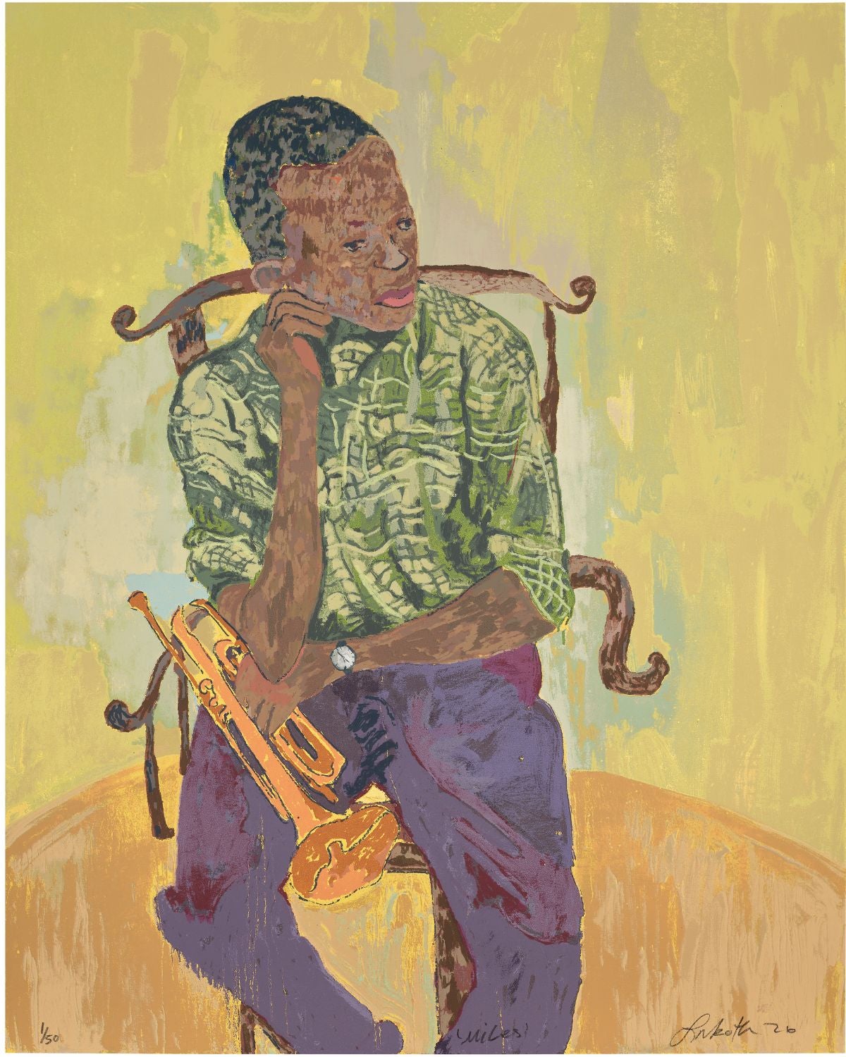 Unique print by acclaimed artist Ludovic Nkoth of Miles Davis wearing a watch.