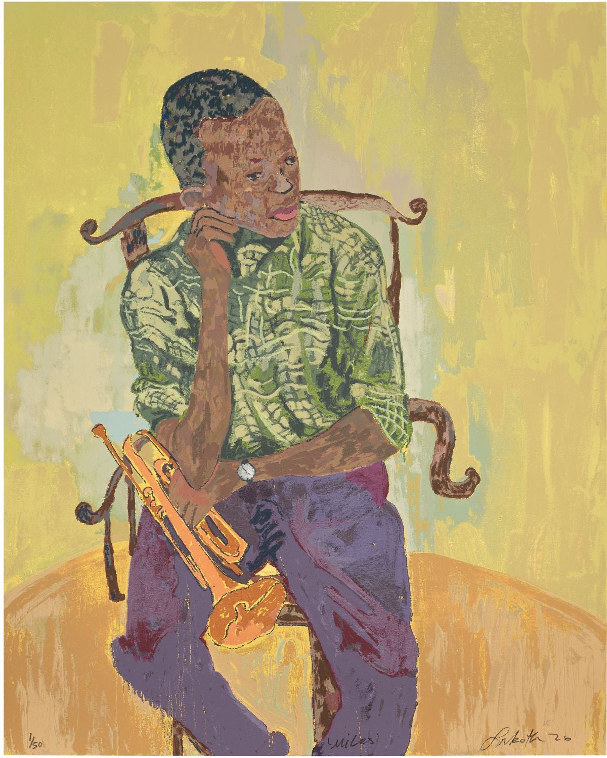 Unique print by acclaimed artist Ludovic Nkoth of Miles Davis wearing a watch.