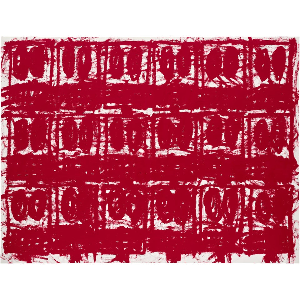 Red oilstick on cotton painting by contemporary artist Rashid Johnson featuring expressive gestural mark-making, for sale at Phillips auction house