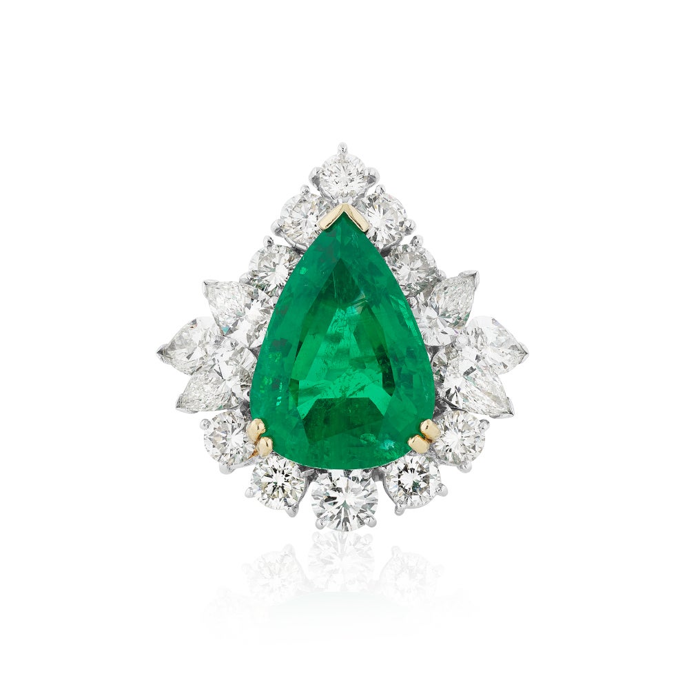 Jahan, Emerald and diamond ring. Emerald weighing 16.53 carats, Russian origin, no indications of clarity modification.