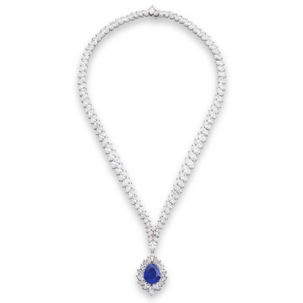Harry Winston, Sapphire and diamond pendent necklace. Sapphire weighing 9.28 carats, Ceylon origin, no indications of heating.
