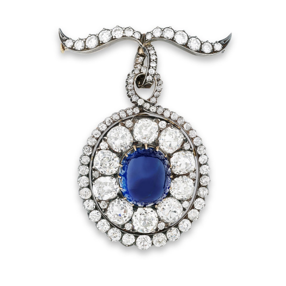 Rozet & Fischmeister, Superb sapphire and diamond brooch, late 19th century. Cabochon sapphire weighing 18.69 carats, Kashmir origin, no indications of heating.