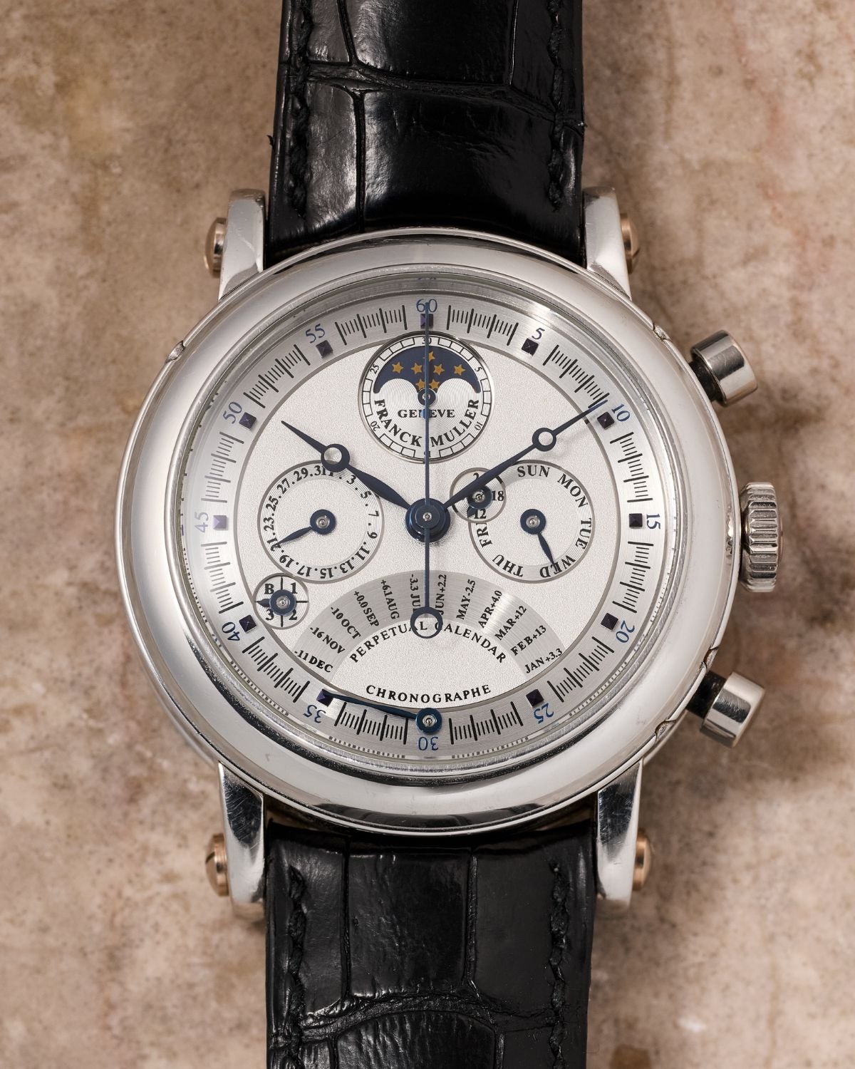 Lot 7: A 1996 Franck Muller Perpetual Calendar Retrograde Chronograph Ref. 7000 QPE in platinum, included in the Phillips New York Sessions, Fall 2026. Estimate: USD $8,000–16,000