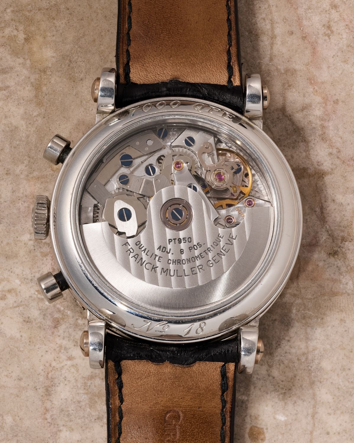 Lot 7: A 1996 Franck Muller Perpetual Calendar Retrograde Chronograph Ref. 7000 QPE in platinum, included in the Phillips New York Sessions, Fall 2026. Estimate: USD $8,000–16,000