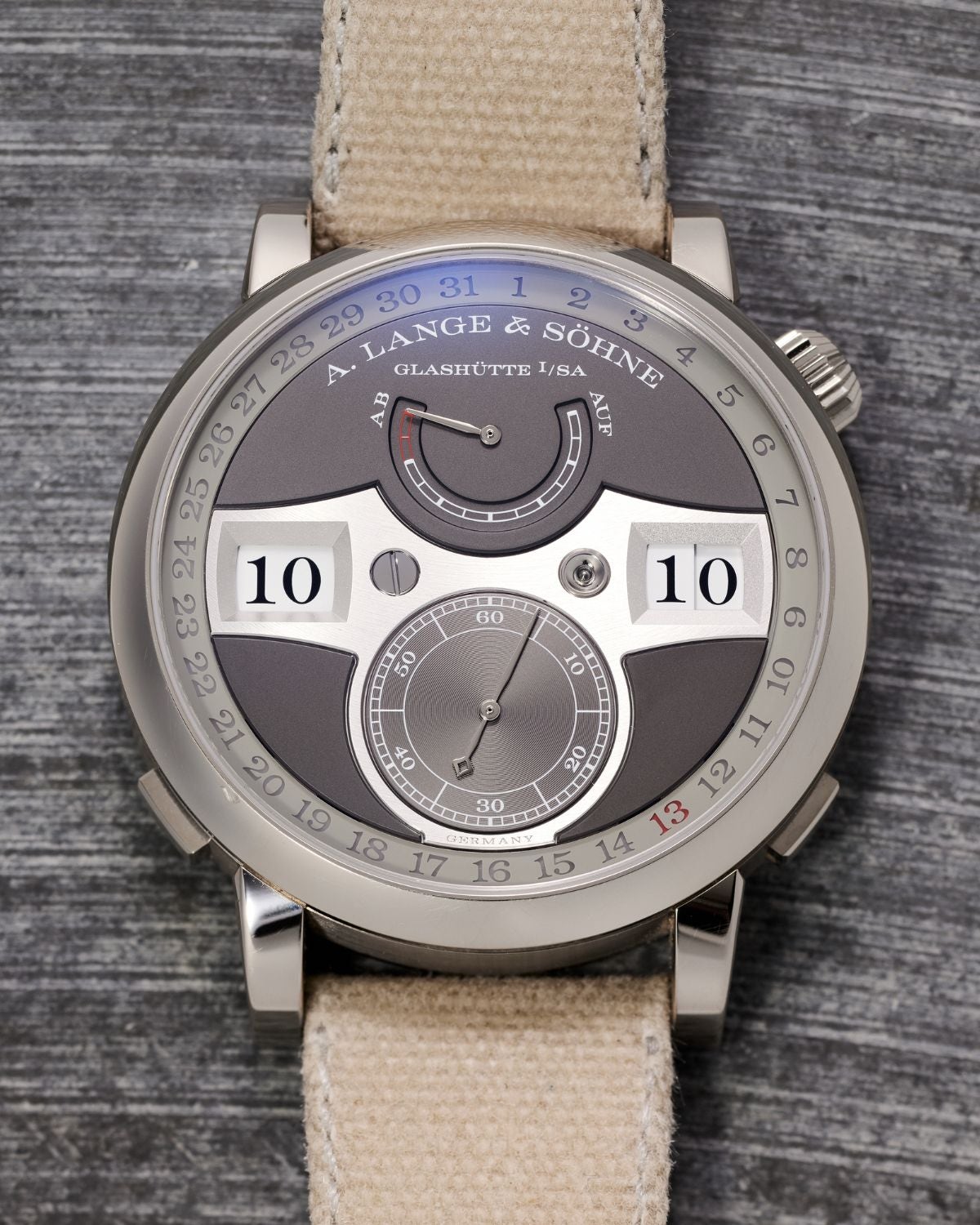 Lot 80: A 2024 A. Lange & Söhne Zeitwerk Date Ref. 148.038 in 18k white gold, included in the Phillips New York Sessions, Fall 2026. Estimate: USD $30,000–60,000