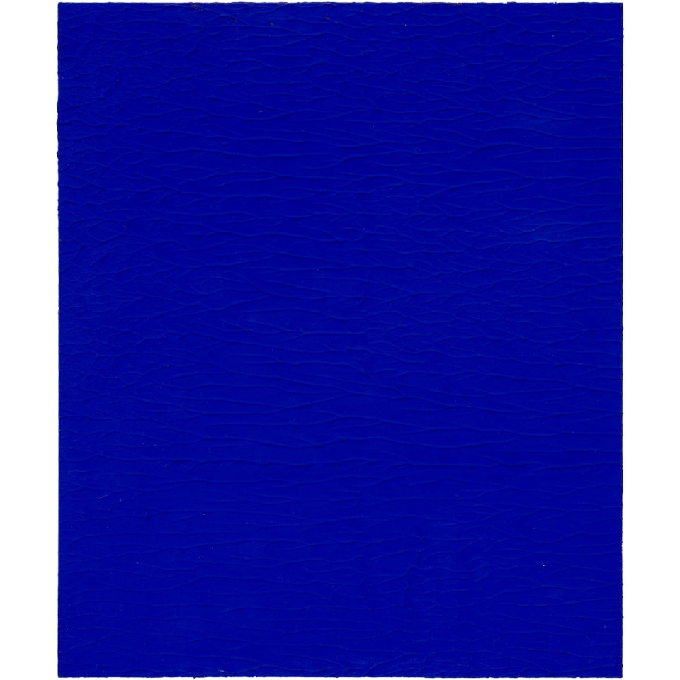Monochrome blue pigment painting by master artist Yves Klein utilizing International Klein Blue (IKB), for sale at Phillips auction house.